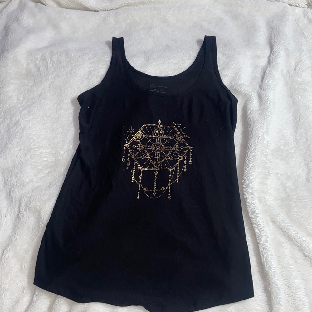 Women’s black tank top with gold dreamcatcher design